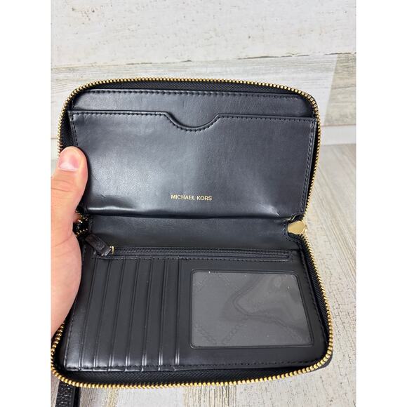 Michael Kors Women’s Large Black Pebbled Leather Smartphone Wristlet Wallet Zip - Picture 3 of 7